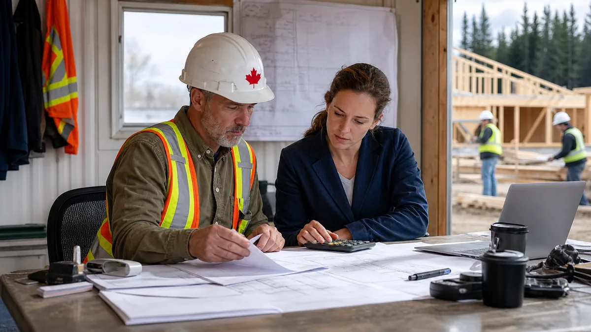 Construction contractor and accountant reviewing job costs