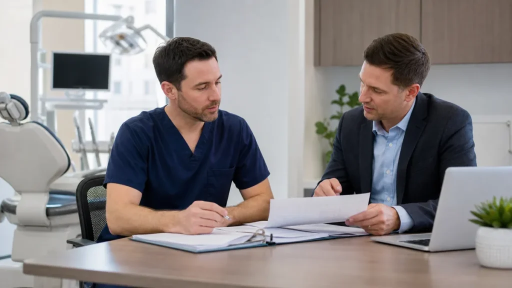 Canadian dentist reviewing tax records with an accountant