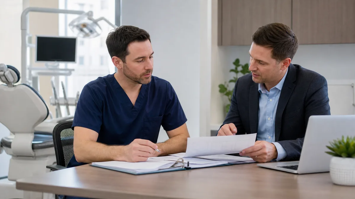Canadian dentist reviewing tax records with an accountant