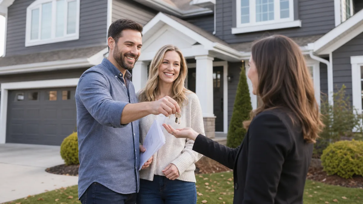 Canadian homeowners handing over keys after a home sale