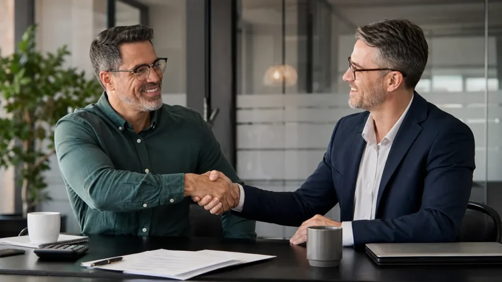 Business owner and advisor completing a company sale
