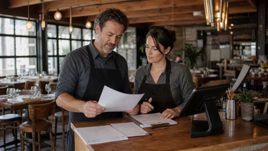 Restaurant owner and bookkeeper reviewing business records