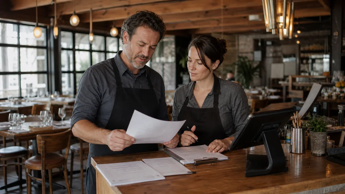 Restaurant owner and bookkeeper reviewing business records