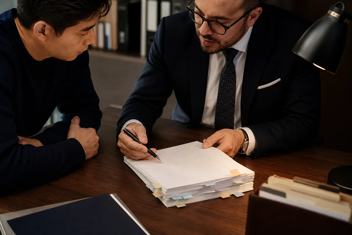 Lawyer reviewing shareholder agreement clauses