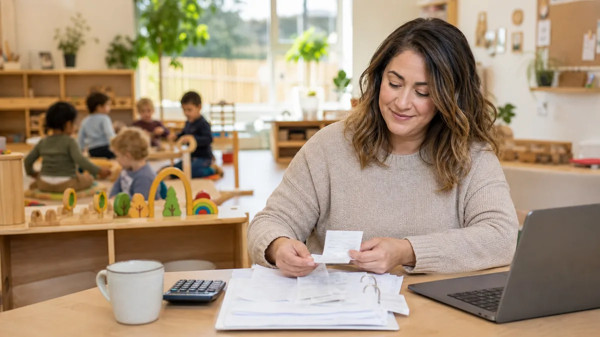 Daycare operator organizing bookkeeping records in a classroom