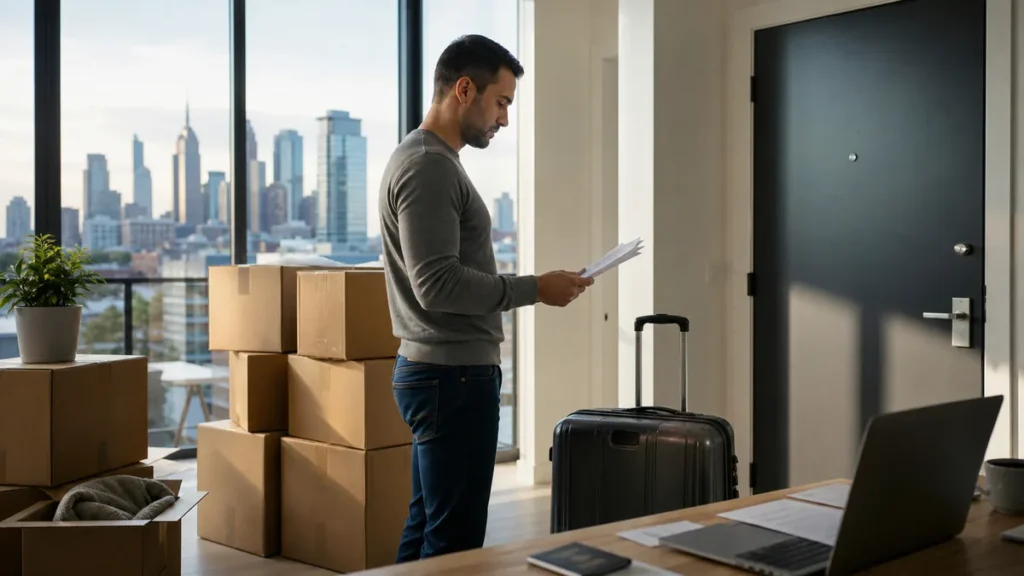 Professional reviewing departure tax papers before moving abroad