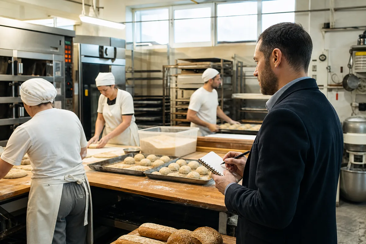 Buyer reviewing bakery operations
