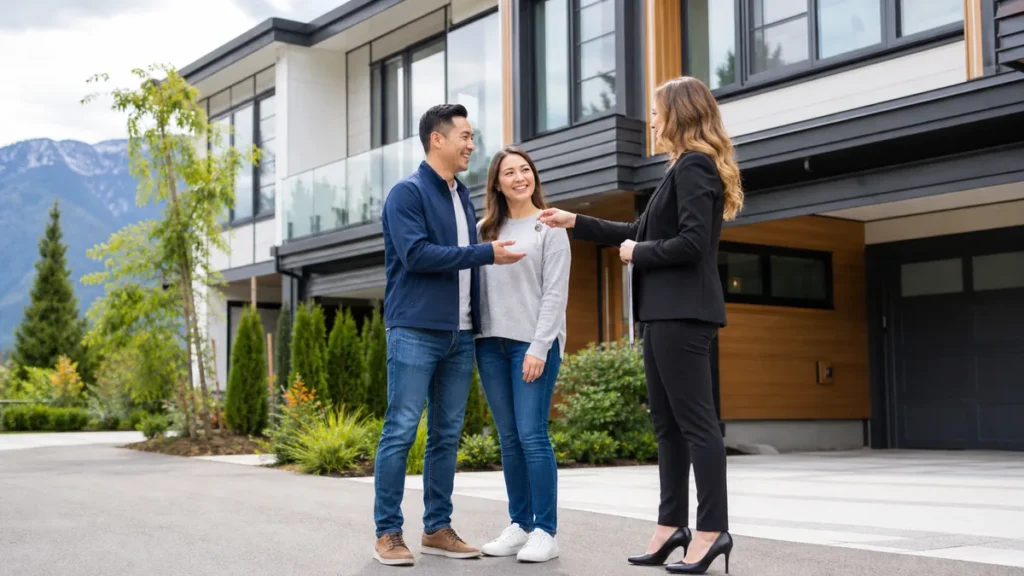 First-time home buyers receiving keys to a BC townhouse