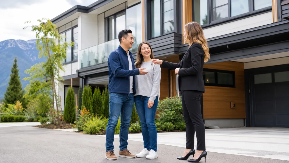 First-time home buyers receiving keys to a BC townhouse