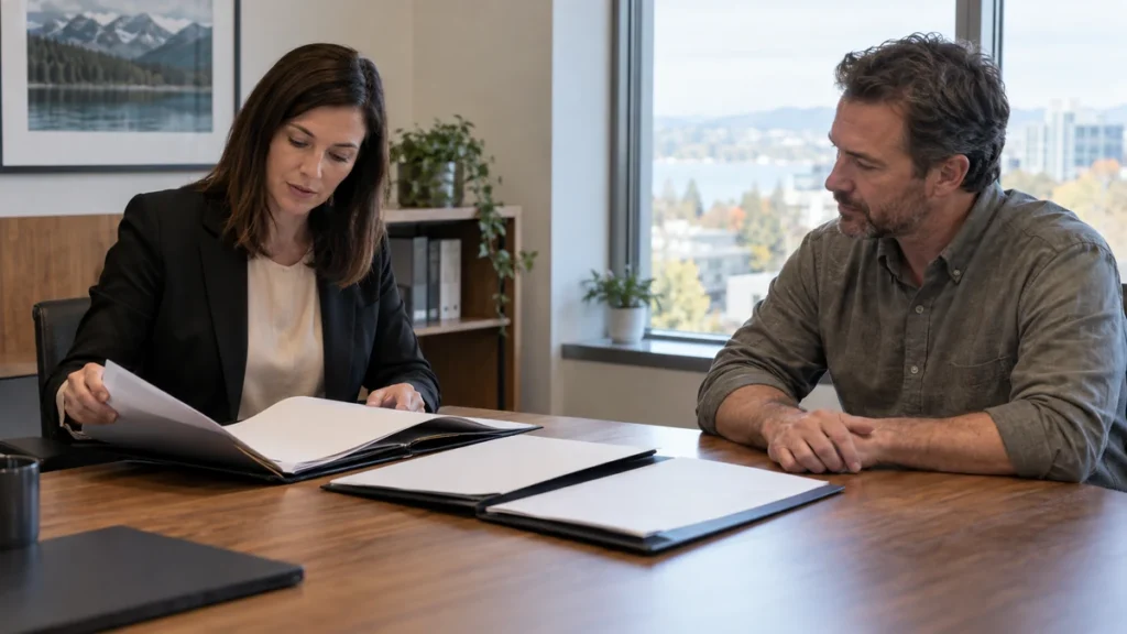 Accountant comparing financial statement folders with a business owner