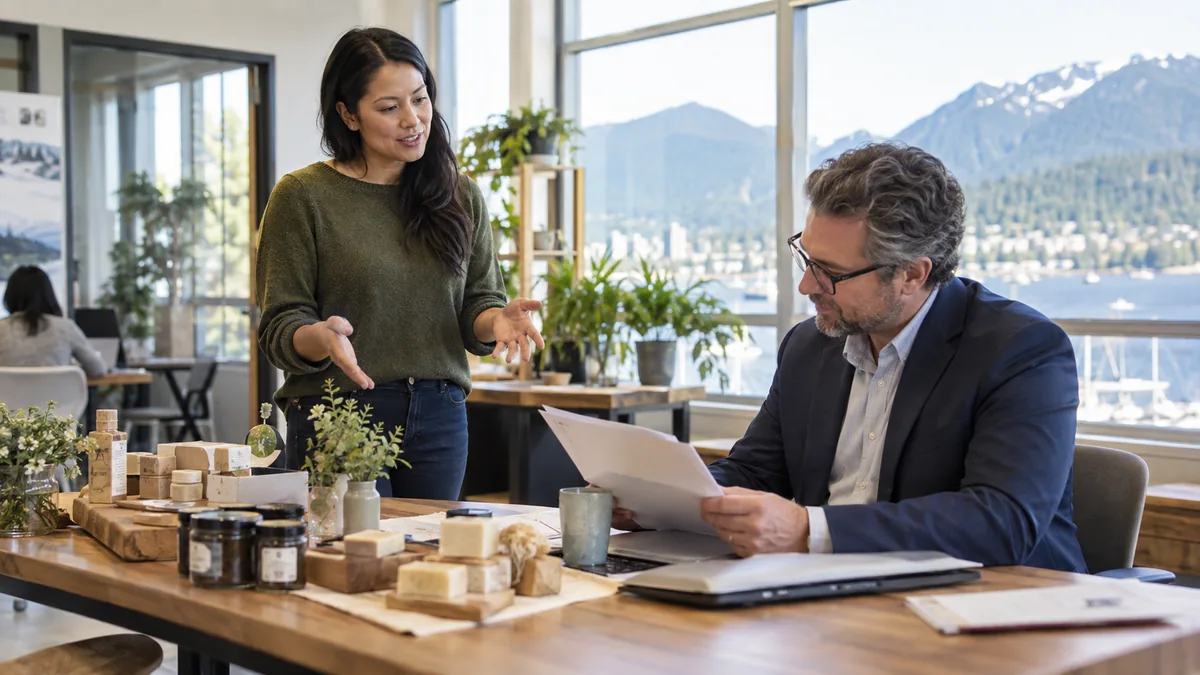 Small business founder presenting a funding plan to an advisor