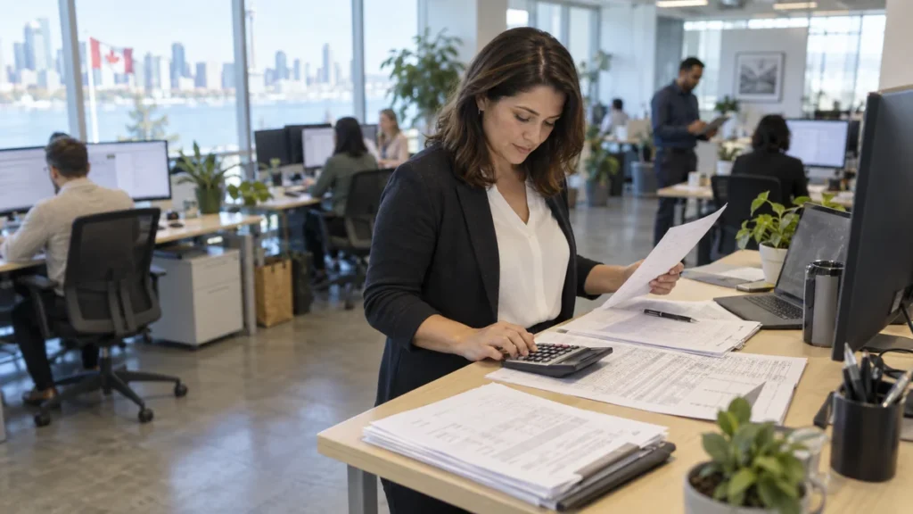 Payroll manager calculating BC employer health tax