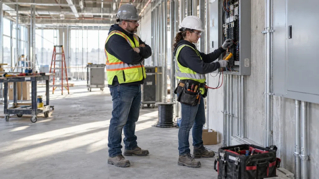 Apprentice electrician learning from an experienced supervisor