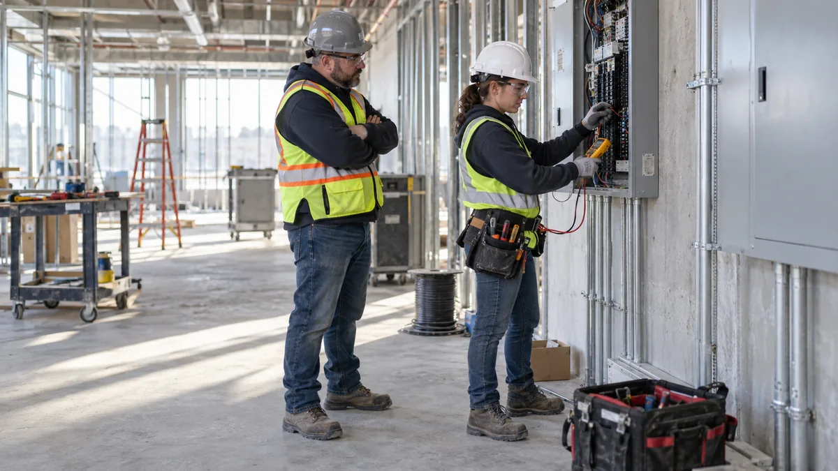 Apprentice electrician learning from an experienced supervisor