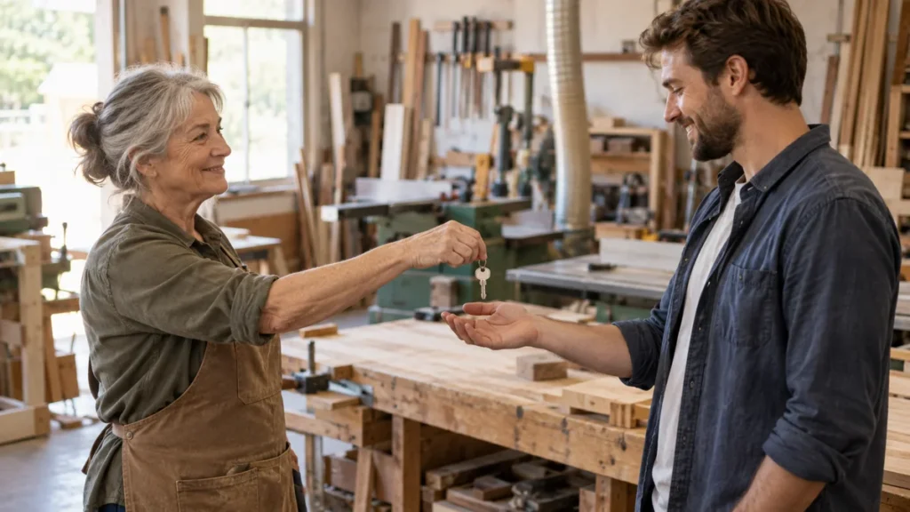 Business owner handing workshop keys to a buyer