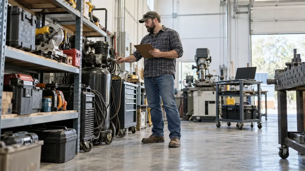 Business owner inventorying workshop equipment for capital cost allowance