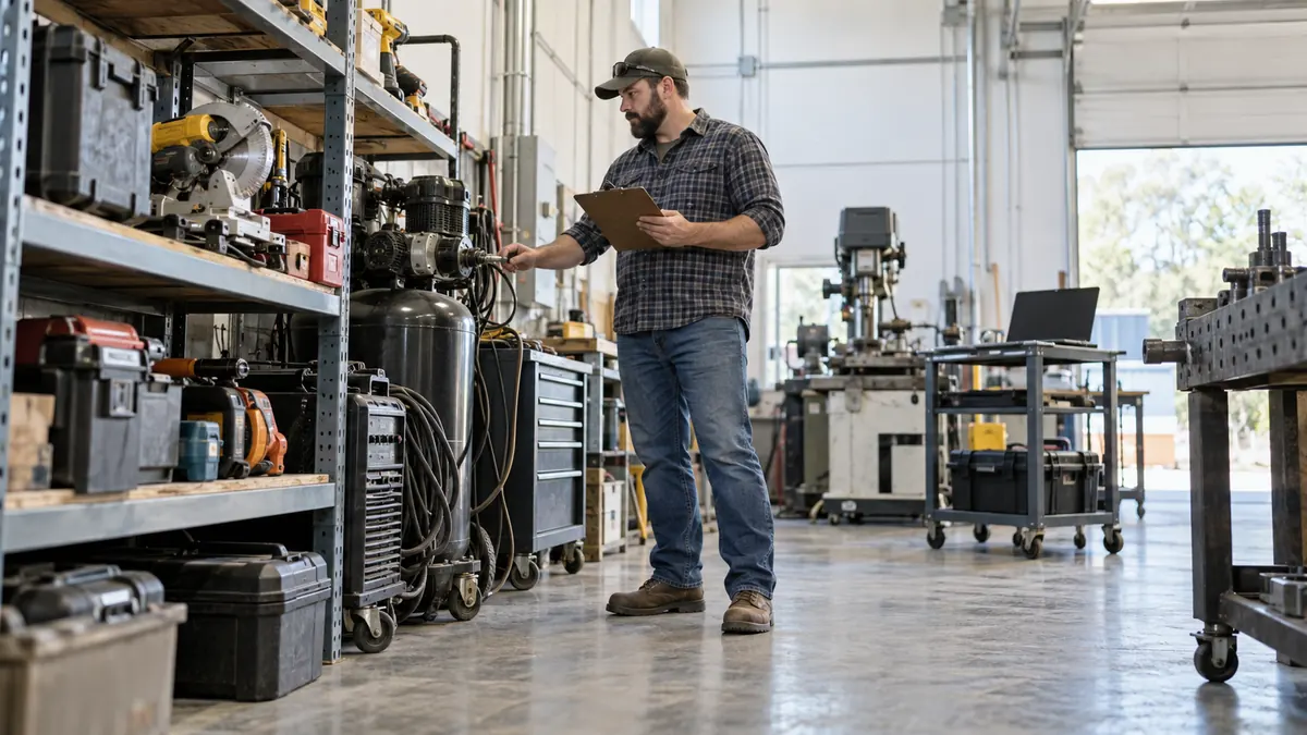Business owner inventorying workshop equipment for capital cost allowance