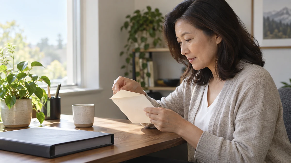 Business owner opening an envelope beside a corporate records binder