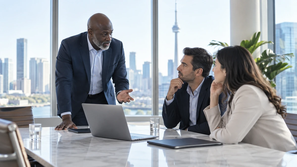 Financial advisor explaining a laptop to two business founders