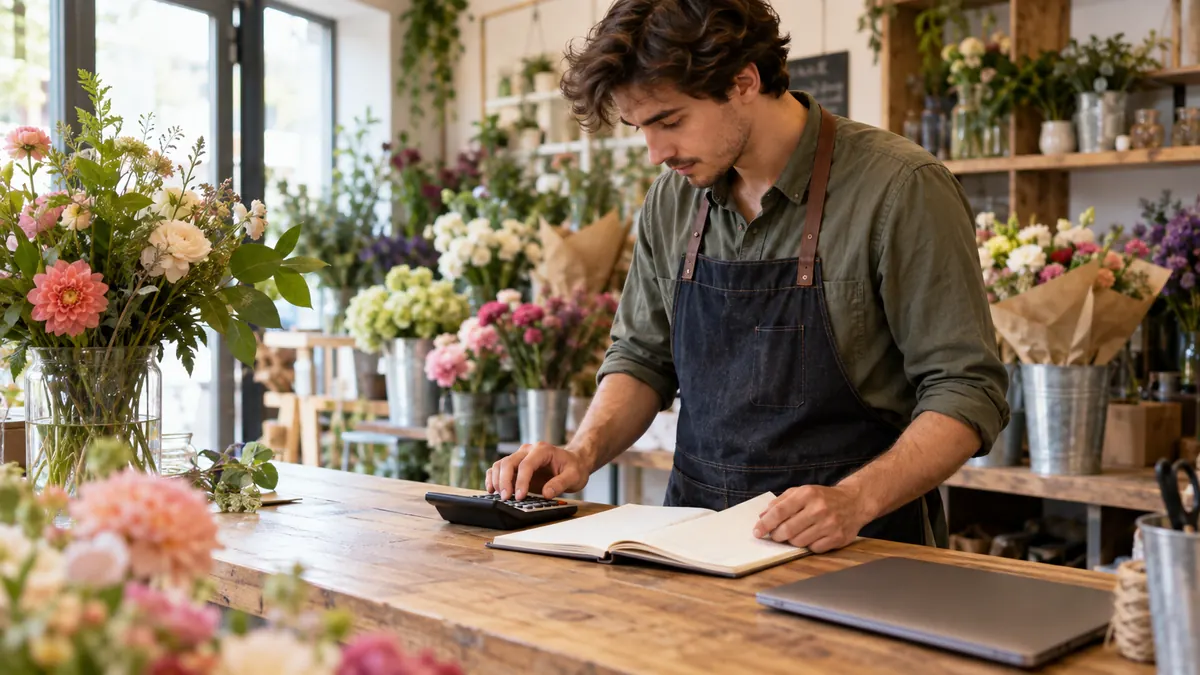 Florist reviewing bookkeeping at a flower shop counter