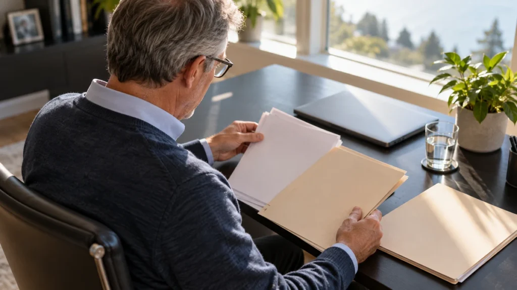 Investor reviewing corporate investment records