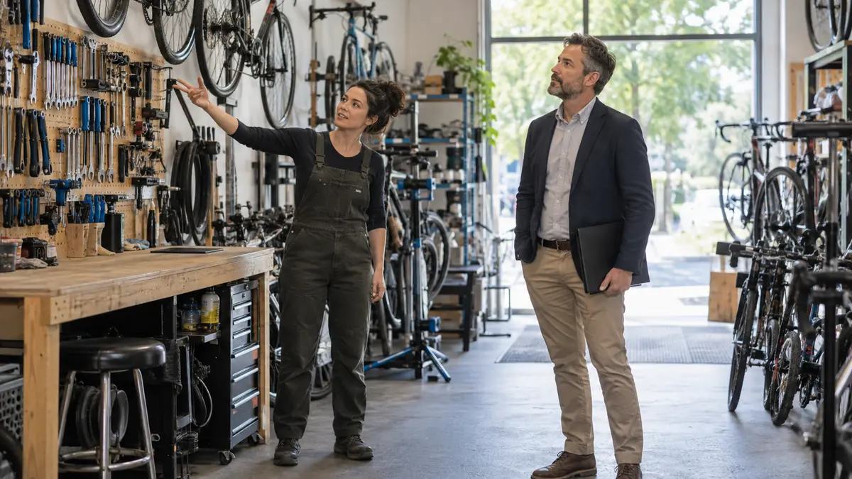 Business owner and advisor inspecting assets in a workshop
