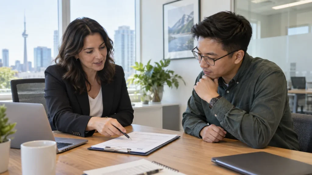 HR manager and employee reviewing a work expense form