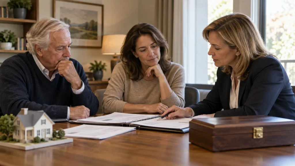 Family reviewing trust and estate records with an advisor