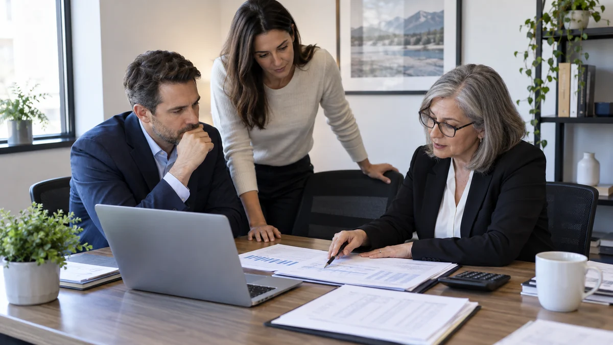 Business partners and accountant reviewing a partnership return