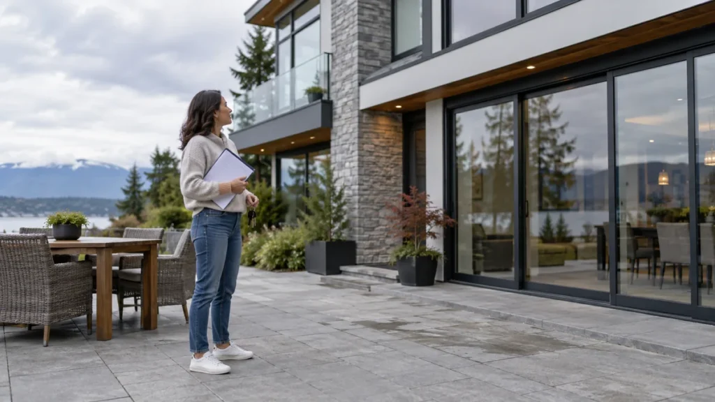 Property owner reviewing housing tax documents outside a home