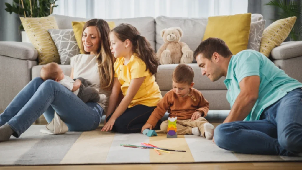 Family playing together at home, the beneficiaries a family trust is set up to protect